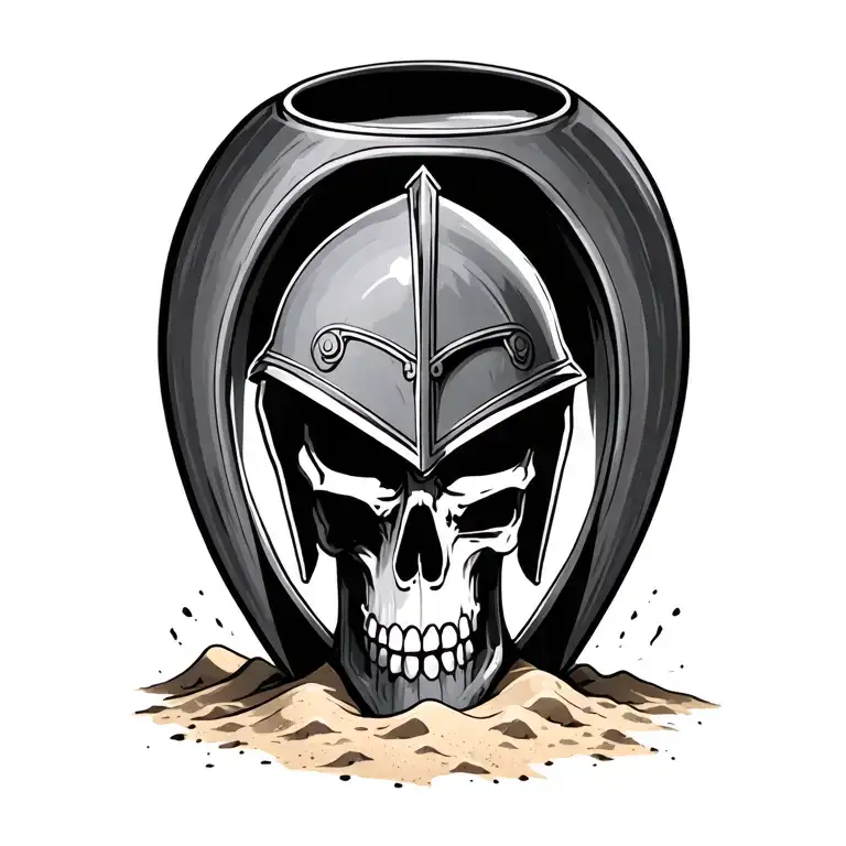 hourglass with spartan helmet in the sand  in the top and a skull in the bottom,  tattoo design idea