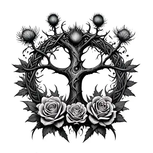 a Yggdrasil with a Scottish Thistle and Rose Around it in Celtic Style  tattoo design idea
