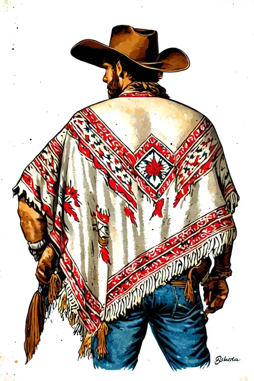 cowboy seen from the back side. the cowboy has a poncho tattoo design idea