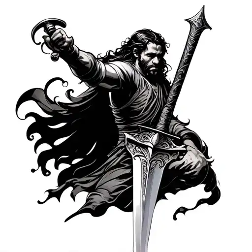 biblical fighter swinging sword tattoo design idea