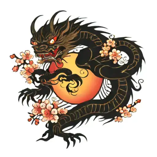 Japanese dragon wrapped around red sun with cherry blossoms  tattoo design idea
