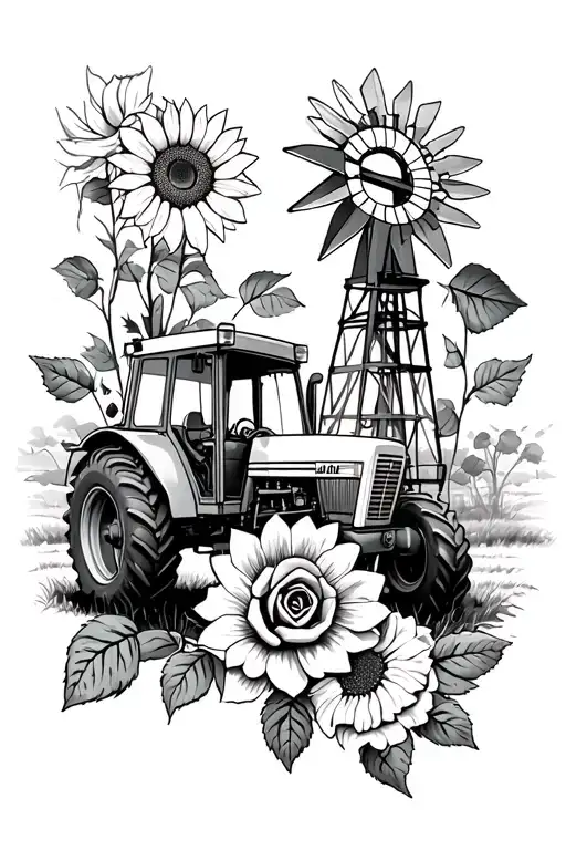 farm tractor, sunflower, rose, farm windmill surrounded tattoo design idea