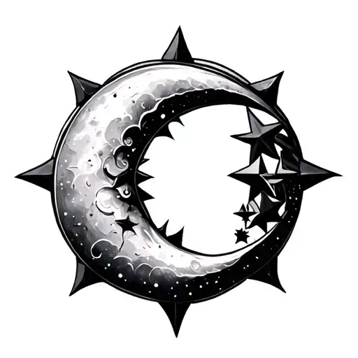 crescent moon, 5-pointed star tattoo design idea