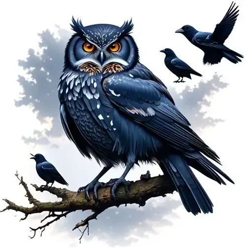  crows, owls, darkness, beautiful sky, magical pagan, Wiccan witchcraft spells, silence, trees night tattoo design idea
