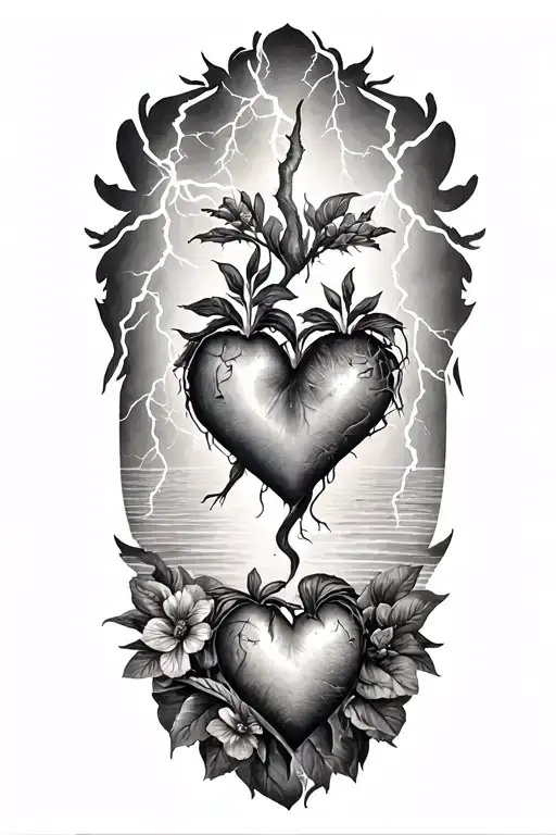 three heart side by side and nature and lightning tattoo design idea