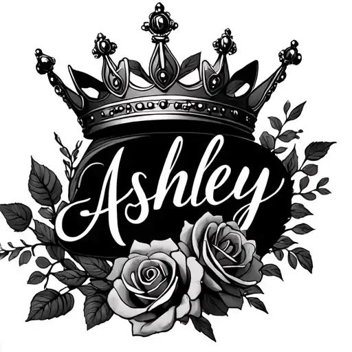 Crown with roses and the name Ashley fancy script tattoo design idea