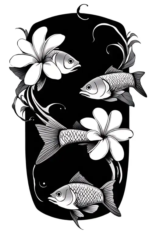 hawaiian tribal, 4 jackfish, plumeria, triangles, curve, vines, not a circle, perhaps like a hook shape, tattoo design idea