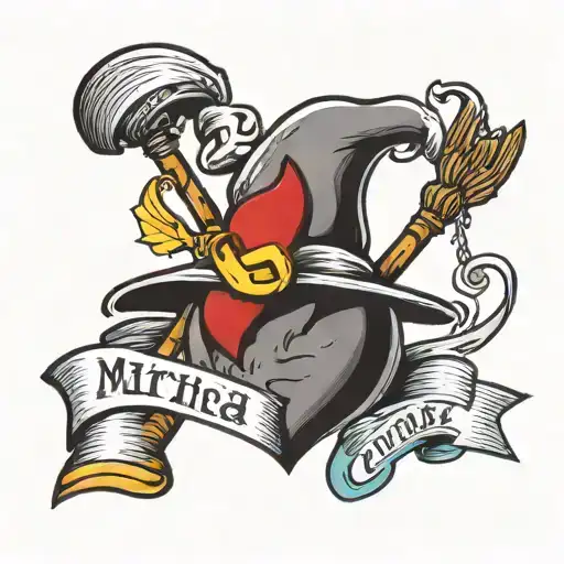 Heart with banner and the text Mirna inside of the banner. a broom leaning against the heart and a witches hat on top of tattoo design idea