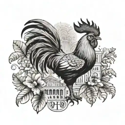 An intricate black-grey tattoo of a rooster with tropical foliage and Detroit landmarks incorporated into the design tattoo design idea