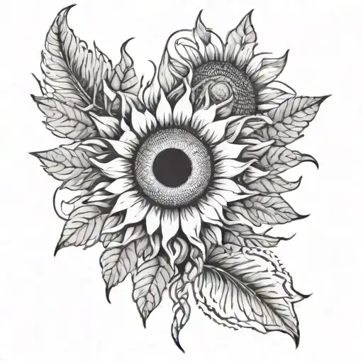 A hippie-inspired sunflower with headphones wrapped around the stem and a hiking trail winding through the petals tattoo design idea