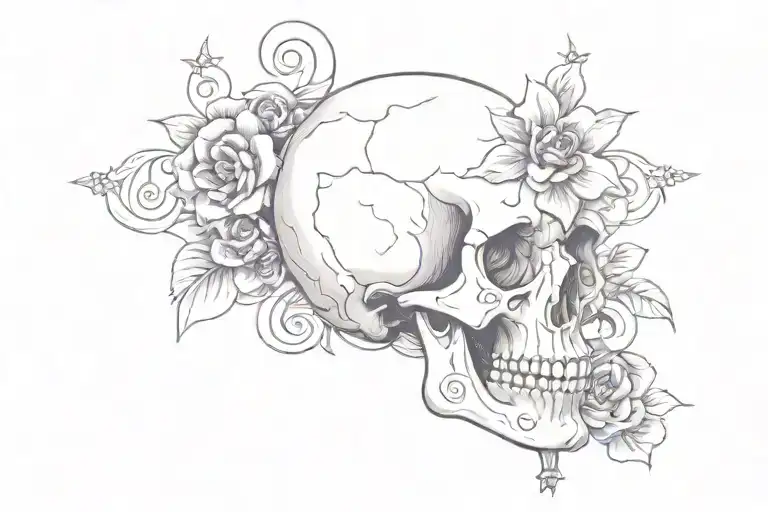 skull and crossbone with pearls and violet flower intertwined tattoo design idea