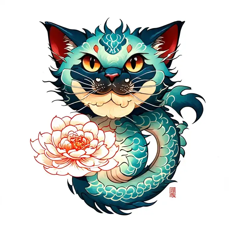 floating cat dragon tattoo design idea