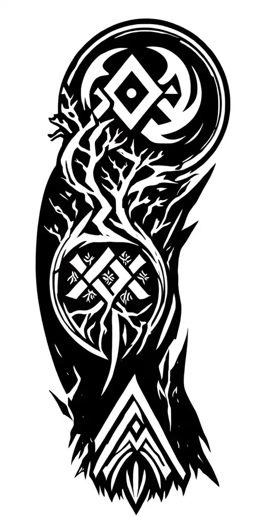 Aegishjalmur symbol on the top Yggdrasil tree in the background, Valknut on the bottom tattoo design idea