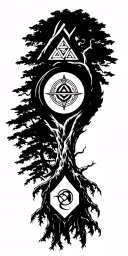 Aegishjalmur symbol on the top Yggdrasil tree in the background, Valknut on the bottom tattoo design idea
