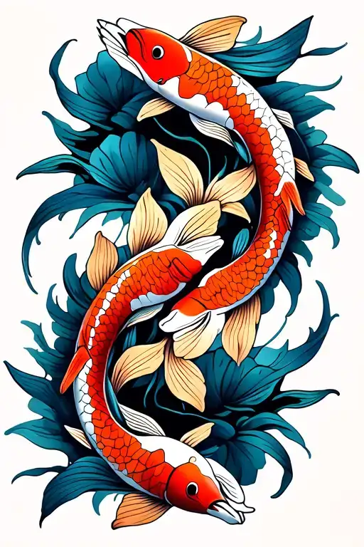 two koi fish swimming around, lily, trident  tattoo design idea