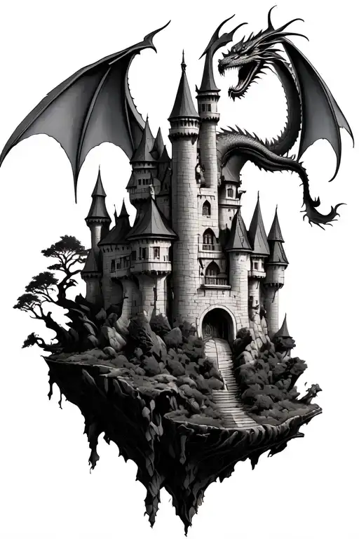 realistic medieval castle floating island with dragon flying down tattoo design idea