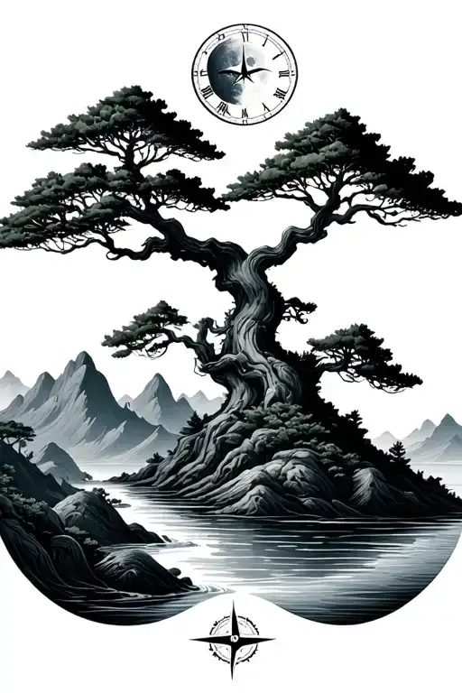 bonsai tree in mountains river flowing clock face compass moon tattoo design idea