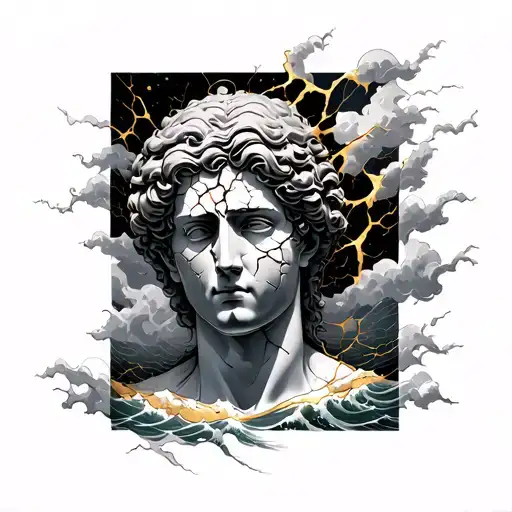 A cracked statue with golden repair lines (kintsugi style), surrounded by storm clouds or waves, but the figure remains  tattoo design idea