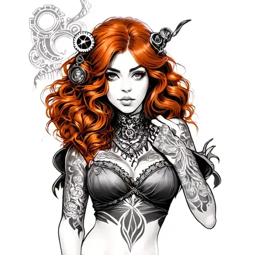 female redhead steampunk genie tattoo design idea