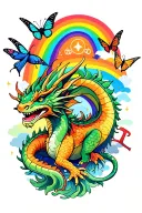 Dragon under a rainbow with butterflies and fairy wrens and a fairy flying around, with the PI symbol tattoo design idea