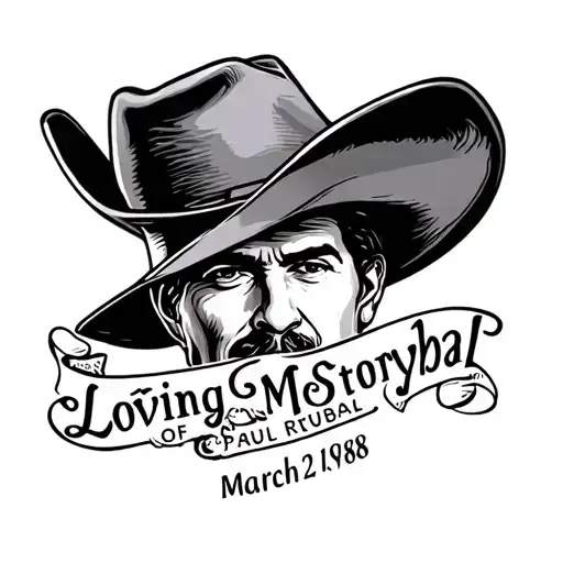  tattoo with the words loving memory of Paul Ruybal March 22, 1968 in a cowboy hat  with Country Stong  tattoo design idea