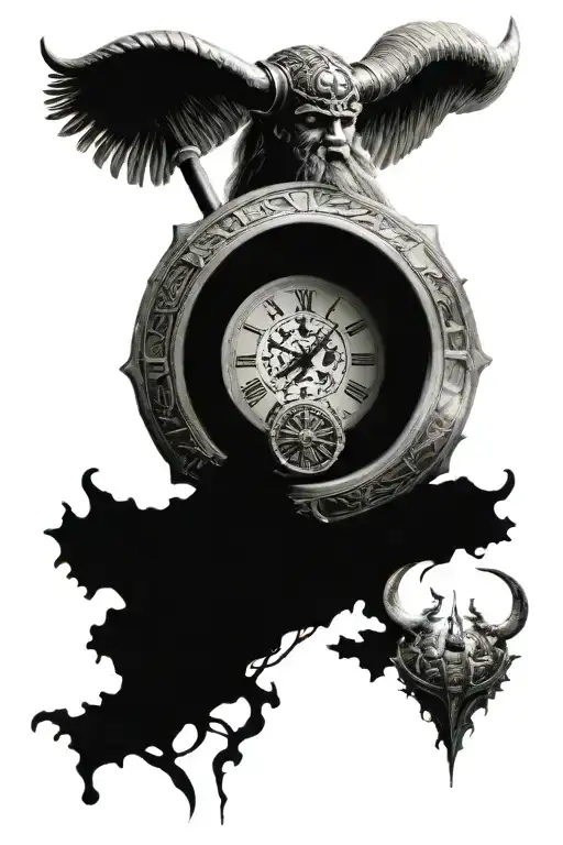 viking on the top then a clock in the middle with a viking ship on the bottom tattoo design idea