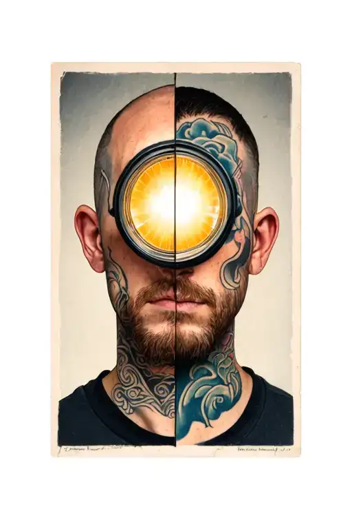 Man's face with a headlight replacing the upper half of his face tattoo design idea