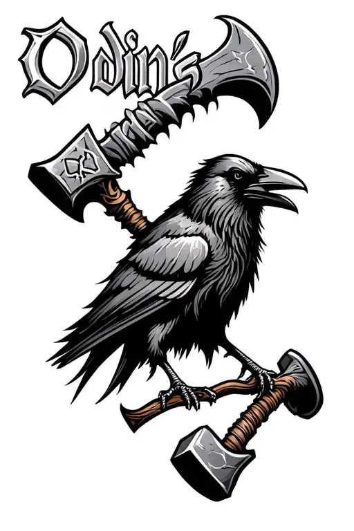 Odin's crow and thors hammer with Odin's name incorporated tattoo design idea