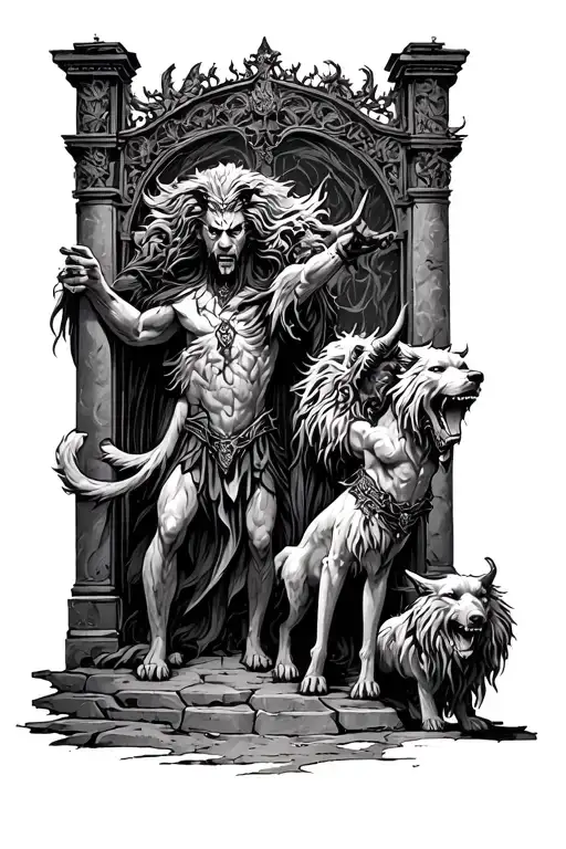 hades and Cerberus guarding the gates tattoo design idea