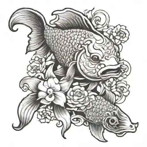henya mask with goldfish swimming upstream to flowers tattoo design idea