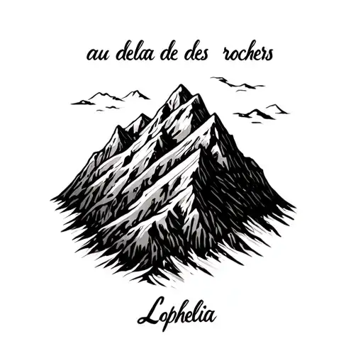 mountain fine line with writing underneath that says au delà des rochers and even more lower write Lophelia tattoo design idea