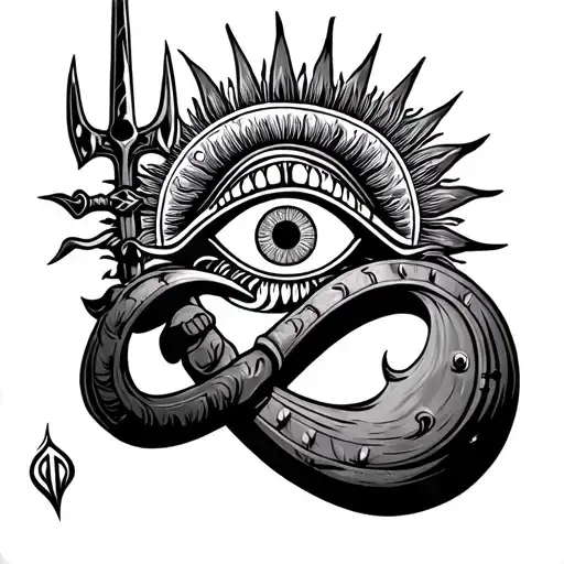 trident with hand drum as infinity symbol containing sun and moon third eye of shiva at middle teeth of trident tattoo design idea
