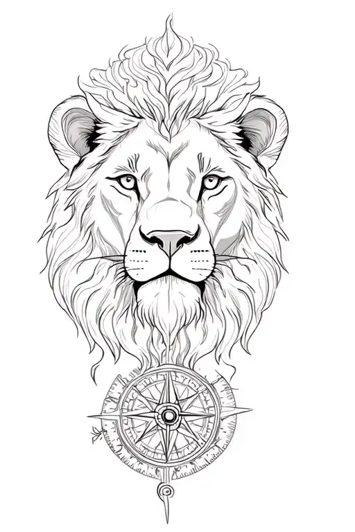 LION WITH A COMPASS AND TREE OF LIFE  tattoo design idea