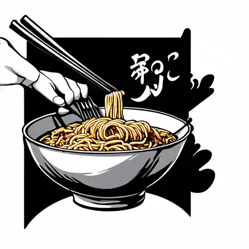 asian character eating bowl of ramen tattoo design idea
