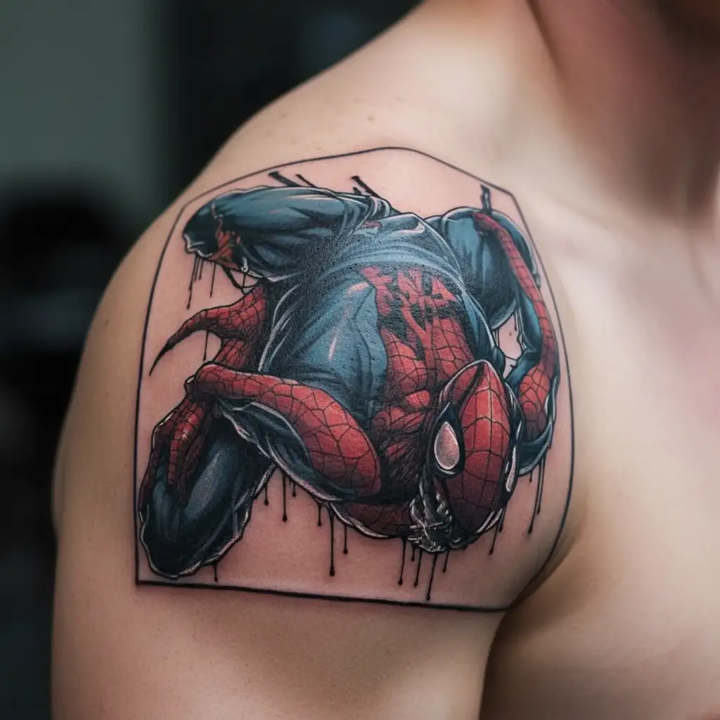 futruistic Spiderman hanging upside down tattoo design idea