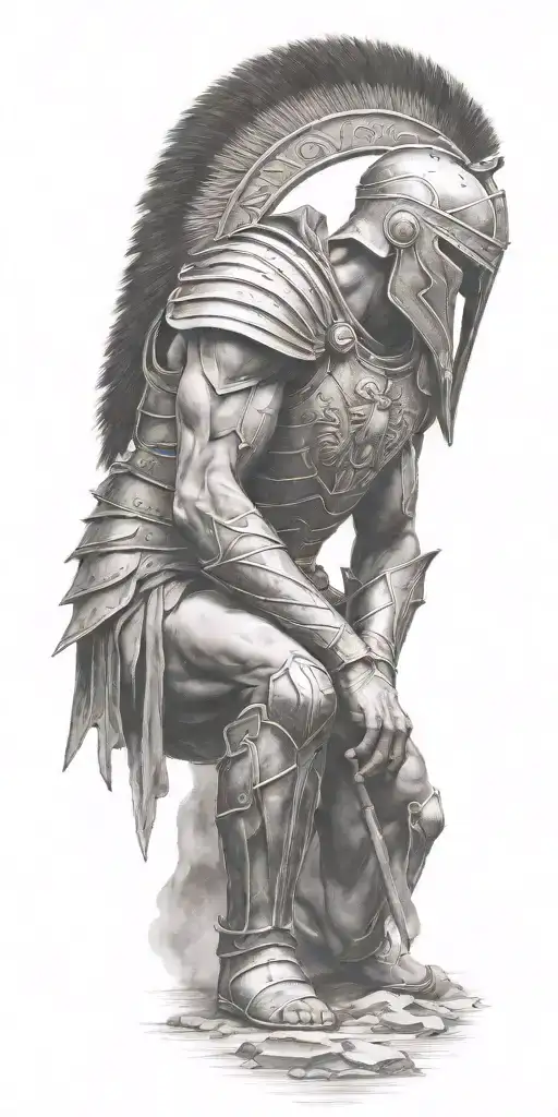 spartan warrior kneeling on the battlefield and looking up to the sky  tattoo design idea