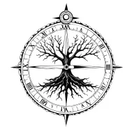 bare tree with roots, space surrounded, compass and clock works tattoo design idea