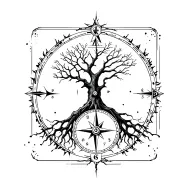 bare tree with roots, space surrounded, compass and clock works tattoo design idea