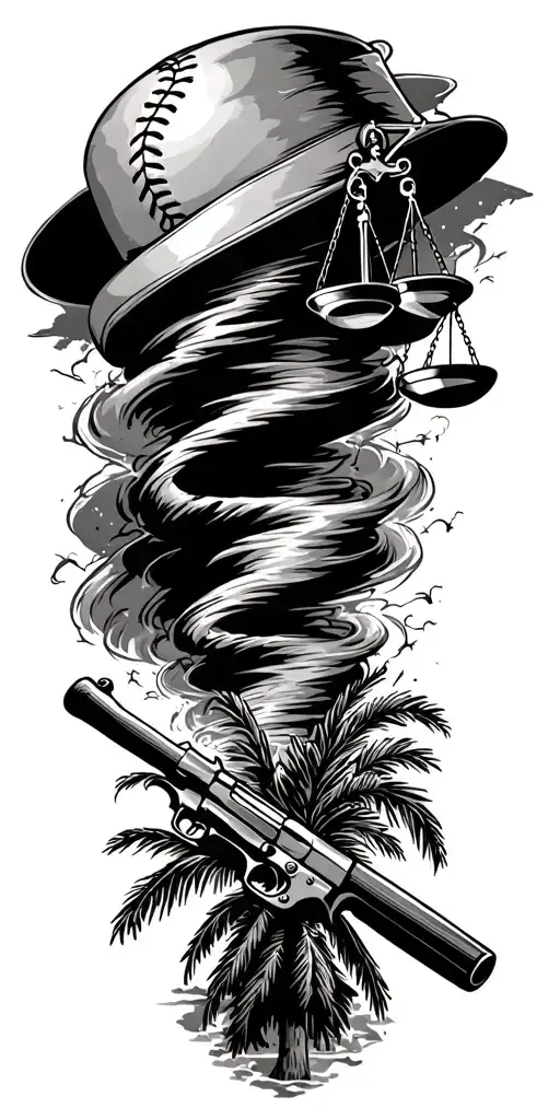 tornado sucking up scales of justice, gun, baseball bat, passport, and palm tree tattoo design idea