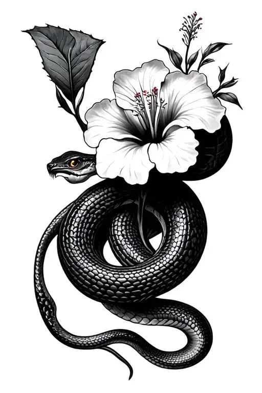 Red Snake Coiled with hibiscus flower and a pedal is made of roman numerals: II / VI / MMXXI and III / IV / MMXXIII tattoo design idea