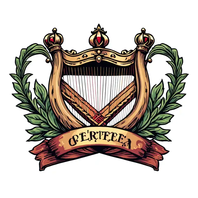 crown with harp surrounded tattoo design idea