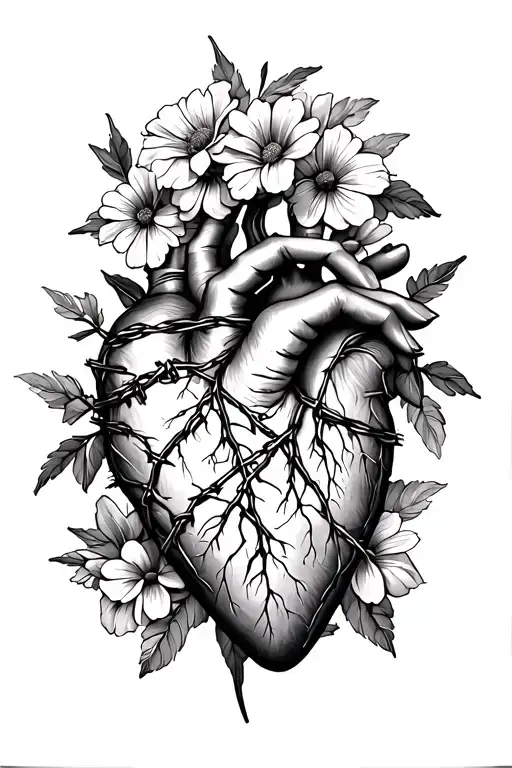 anatomy heart with barbed wire hand and flowers tattoo design idea