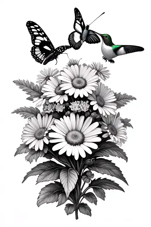 BUTTERFLY BUSH FLOWER WITH DAISIES, 2 HUMMINGBIRDS, 3 BUTTERFLIES ALL IN A COLLAGE tattoo design idea