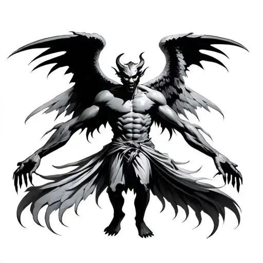 with arms outstretched in different directions, half demon, half angel with wings tattoo design idea