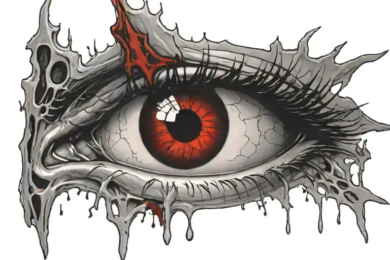Demonic eye, crying blood, grey iris, pinpoint pupil, veiny, bloodshot, all seeing eye, Satanic, Satanism, Black and red tattoo design idea