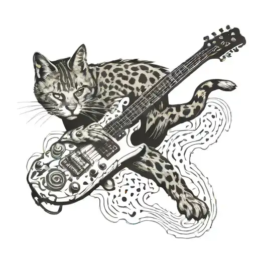 bby wild cat playing an electric guitar, old map, tattoo design idea
