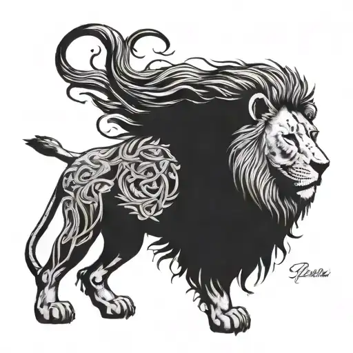 A detailed blackwork tattoo of a lion representing strength and courage, with biblical scripture incorporated into the mane tattoo design idea