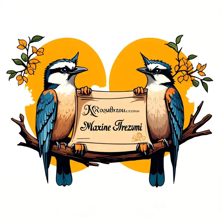 two kookaburras sitting on a branch holding a scroll with the name Maxine tattoo design idea