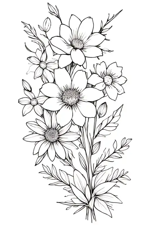 larkspur, waterlily, aster, morning glory, marigold, cosmos, narcissus, holly bouquet tattoo design idea