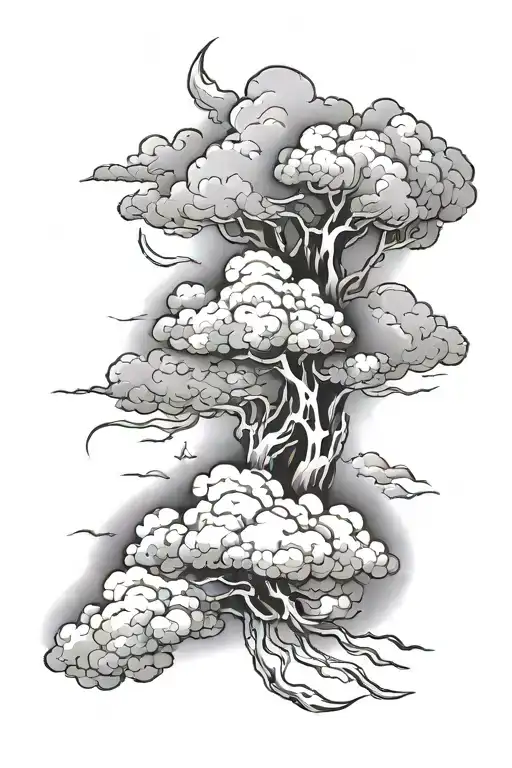 Tattoo design for the forearm, spanning from the wrist to the elbow. Near the elbow, a bold depiction of clouds in a sty tattoo design idea